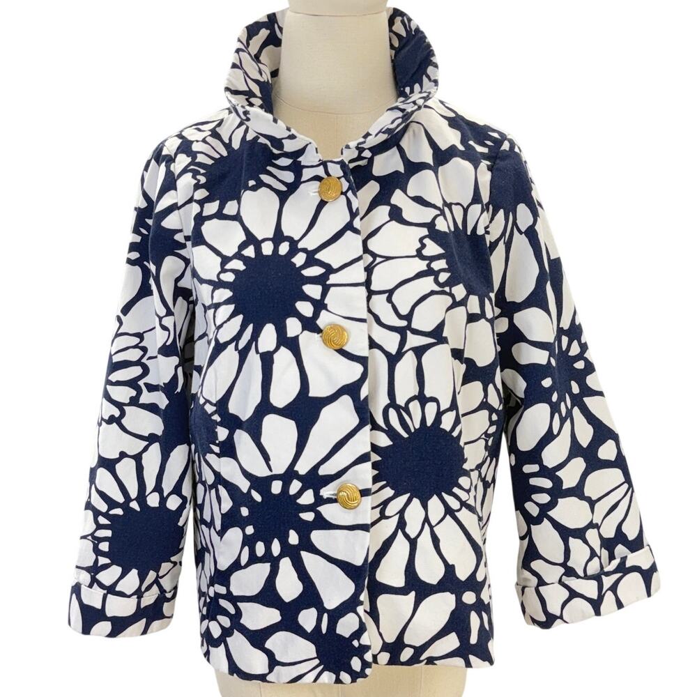 J. Crew Floral Cotton Blazer Jacket Navy White Gold Buttons Women's Size 10